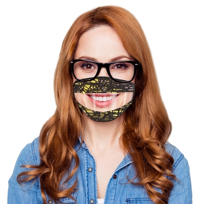 Yellow Print Adult Protective Mask with Transparent Section at Mouth Area: 90% Polyester/10% Cotton with Anti0fog Insert