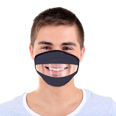 Navy Adult Protective Mask with Transparent Section at Mouth Area: 90% Polyester/10% Cotton with Anti0fog Insert