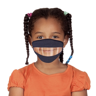Navy Child Protective Mask with Transparent Section at Mouth Area: 90% Polyester/10% Cotton with Anti0fog Insert