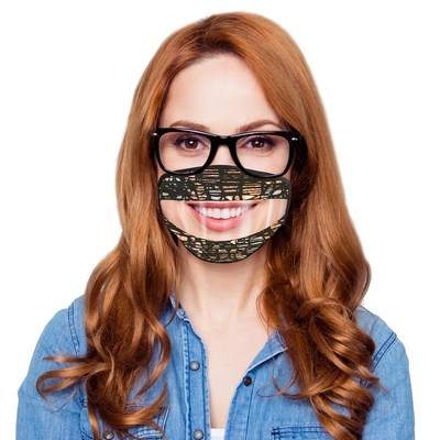 Orange Print Adult Protective Mask with Transparent Section at Mouth Area: 90% Polyester/10% Cotton with Anti0fog Insert