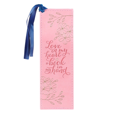 With Love Pink Faux Leather Bookmark for Women, Love & Books Floral Debossed Design W/Gold Accents/Blue Ribbon Tassel, Inspirational Encouraging Book