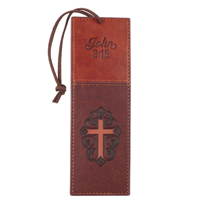Christian Art Gifts Brown Faux Leather Bookmark Two-Tone Cross - John 3:16 Bible Verse Inspirational Bookmark for Women W/Satin Ribbon Tassel