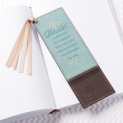 Christian Art Gifts Blue Faux Leather Bookmark Blessed Is She - Luke 1:45 Bible Verse Inspirational Bookmark for Women W/Satin Ribbon Tassel