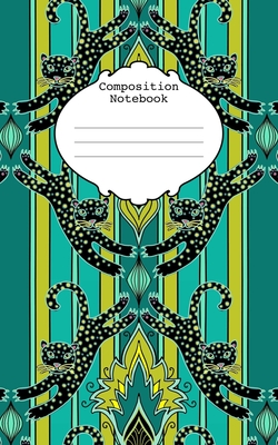 Composition Notebook: Leaping Leopards damask, green and teal 5" x 8" 75 page small composition book, wide ruled