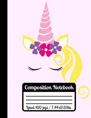 Composition Notebook: Beautiful Unicorn School Wide Ruled Notebook, Pink & Purple Flowers, Horn And Hair Closed Eyes