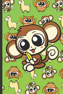Daily and Weekly Chore Chart Notebook for Kids: Monkey with a Banana and Lllamas and Owls in the Background on a Lime Green Cover.