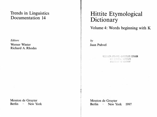 Hittite Etymological Dictionary, Volume 8: Words Beginning with PA